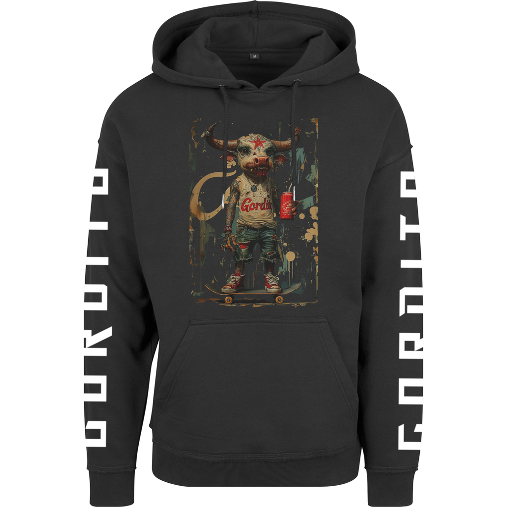 GORDITO Skate Oversized Hoodie mit einem Skatenden Stier auf der Brust und dem Gordito Schriftzug auf beiden Armen